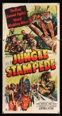 4j507 JUNGLE STAMPEDE 3sh '52 cool artwork of wild jungle animals attacking + nude native!