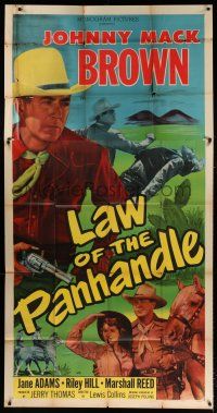 4j525 LAW OF THE PANHANDLE 3sh '50 c/u of Texas cowboy Johnny Mack Brown with gun, Jane Adams