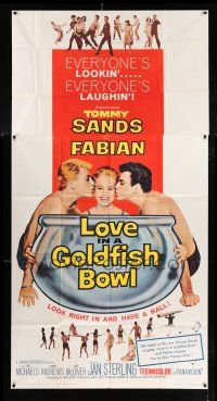 4j540 LOVE IN A GOLDFISH BOWL 3sh '61 great image of Tommy Sands & Fabian kissing pretty girl!