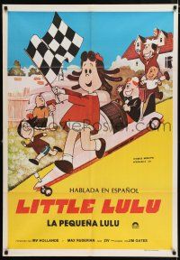 4j049 LITTLE LULU Argentinean '70s cute cartoon art of kids with Soap Box Derby car!