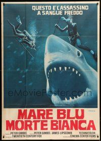 4j107 BLUE WATER, WHITE DEATH Italian 1p '71 art of blue shark & divers by Fiorenzi!