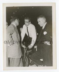 4m459 JAMES DEAN 4x5 still '56 with glasses & tie holding his custom personalized bike!