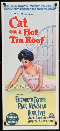 4p066 CAT ON A HOT TIN ROOF Aust daybill R66 art of Elizabeth Taylor in nightie on bed!