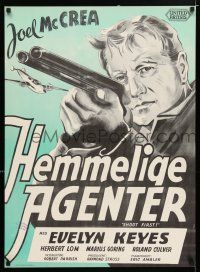 4p819 SHOOT FIRST Danish '54 art of rugged Joel McCrea pointing shotgun, sexy Evelyn Keyes!