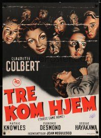 4p828 THREE CAME HOME Danish '50 artwork of Claudette Colbert & prison women without their men!
