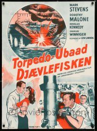4p831 TORPEDO ALLEY Danish '59 different art of Mark Stevens, Dorothy Malone & submarine action!