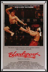 4r099 BLOODSPORT 1sh '88 cool image of Jean Claude Van Damme kicking Bolo Yeung in his huge pecs!