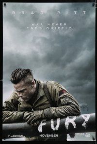 4r289 FURY teaser DS 1sh '14 great image of soldier Brad Pitt, war never ends quietly!