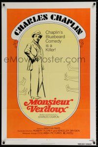 4r512 MONSIEUR VERDOUX 1sh R72 Charlie Chaplin's Bluebeard comedy is a killer!