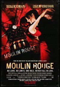 4r525 MOULIN ROUGE style G int'l DS 1sh '01 sexy Nicole Kidman & Ewan McGregor kissing!