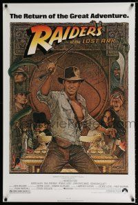 4r631 RAIDERS OF THE LOST ARK 1sh R80s great art of adventurer Harrison Ford by Richard Amsel!