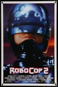 4r662 ROBOCOP 2 1sh '90 super close up of cyborg policeman Peter Weller, sci-fi sequel!