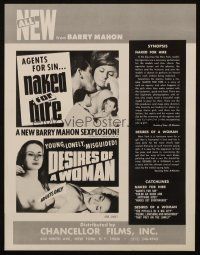 4s595 NAKED FOR HIRE/DESIRES OF A WOMAN pressbook '60s an all new Barry Mahon sexplosion!