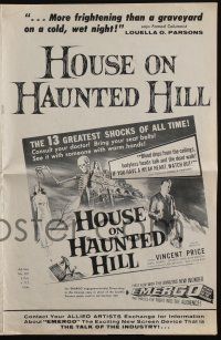 4s511 HOUSE ON HAUNTED HILL pressbook '59 great close up of seated pensive Vincent Price!