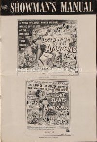 4s560 LOVE-SLAVES OF THE AMAZONS pressbook '57 sexy barely-dressed female native throwing spear art!