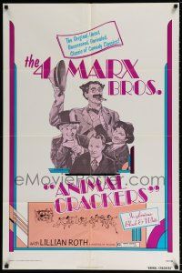 4t036 ANIMAL CRACKERS 1sh R74 wacky artwork of all four Marx Brothers!
