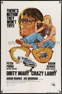 4t193 DIRTY MARY CRAZY LARRY 1sh '74 art of Peter Fonda & Susan George sucking on popsicle!