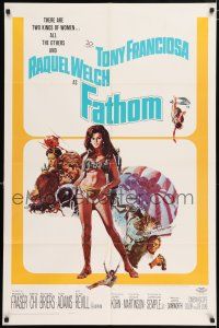4t241 FATHOM 1sh '67 art of sexy nearly-naked Raquel Welch in parachute harness & action scenes!
