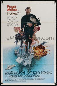 4t245 FFOLKES 1sh '80 Andrew V. McLaglen, James Mason, cool art of Roger Moore w/sexy babes & cat!
