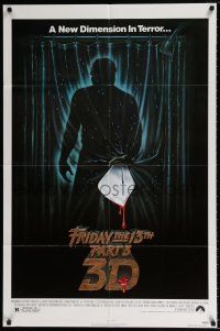 4t282 FRIDAY THE 13th PART 3 - 3D 1sh '82 slasher sequel, art of Jason stabbing through shower!