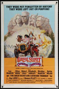4t324 GREAT SCOUT & CATHOUSE THURSDAY 1sh '76 wacky art of Lee Marvin & cast in Mount Rushmore!
