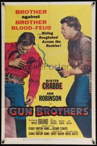 4t331 GUN BROTHERS 1sh '56 Buster Crabbe is shot by brother Neville Brand at close range!