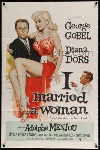 4t381 I MARRIED A WOMAN 1sh '58 artwork of sexiest Diana Dors sitting in George Gobel's lap!
