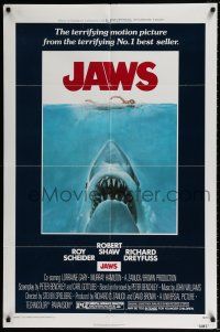 4t411 JAWS 1sh '75 Kastel art of Spielberg's classic man-eating shark attacking sexy swimmer!