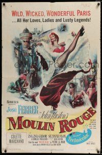 4t575 MOULIN ROUGE 1sh '53 Jose Ferrer as Toulouse-Lautrec, art of sexy French dancer kicking leg
