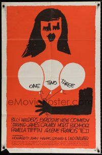 4t664 ONE, TWO, THREE 1sh '62 Billy Wilder, James Cagney, Saul Bass art of girl w/ balloons!