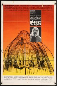 4t695 PLANET OF THE APES 1sh '68 Charlton Heston, classic sci-fi, cool art of caged humans!