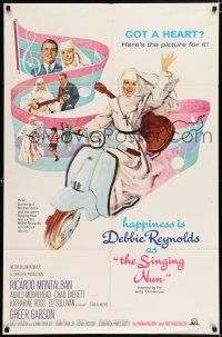 4t797 SINGING NUN 1sh '66 great artwork of Debbie Reynolds with guitar riding Vespa!