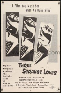 4t886 THREE STRANGE LOVES 1sh R61 Ingmar Bergman's Torst, Eva Henning, great silhouette art!