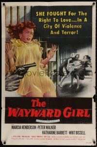 4t947 WAYWARD GIRL 1sh '57 great artwork of bad girl in nightie & fighting in prison!