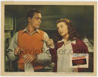 4w226 APARTMENT FOR PEGGY LC #6 '48 c/u of pretty Jeanne Crain pointing at William Holden!
