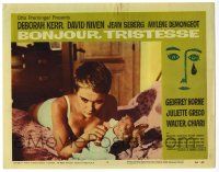 4w285 BONJOUR TRISTESSE LC #3 '58 c/u of sexy Jean Seberg on bed with doll, Saul Bass border art!