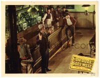 4w428 DUDE GOES WEST LC '48 Gilbert Roland points his gun at Eddie Albert standing at saloon bar!