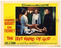4w661 LEFT HAND OF GOD LC #4 '55 priest Humphrey Bogart watches nurse Gene Tierney w/ injured man!