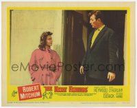 4w747 NIGHT FIGHTERS LC #3 '60 pretty Anne Heywood & Robert Mitchum trade stares outside building!