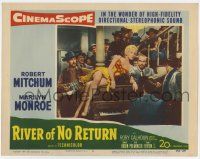 4w007 RIVER OF NO RETURN LC #5 '54 cowboys in saloon watch sexy Marilyn Monroe singing on piano!