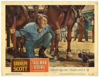 4w901 TALL MAN RIDING LC #4 '55 close up of cowboy Randolph Scott kneeling between two horses!