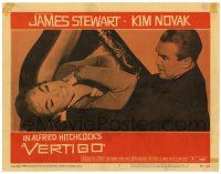 4w955 VERTIGO LC #4 '58 Alfred Hitchcock classic, c/u of James Stewart choking brunette Kim Novak!