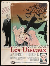 4y461 BIRDS French 1p '63 different Grinsson art with Tandy, Tippi Hedren & Alfred Hitchcock!