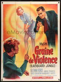 4y467 BLACKBOARD JUNGLE French 1p '55 Richard Brooks classic, great different art by Roger Soubie!