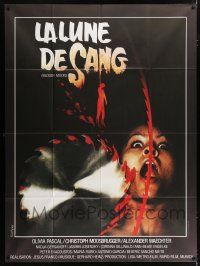 4y474 BLOODY MOON French 1p '81 Jess Franco, gruesome Kerfyser art of girl cut by saw blade!