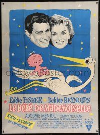 4y506 BUNDLE OF JOY French 1p '57 Soubie art of stork & baby + Debbie Reynolds & Eddie Fisher!