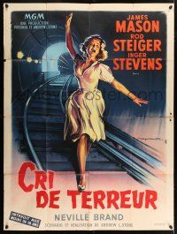 4y550 CRY TERROR French 1p '60 different art of Inger Stevens on train tracks by Roger Soubie!
