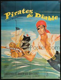 4y588 DEVIL-SHIP PIRATES French 1p '64 Hammer, a crew of cutthroats, cool different art by Siry!
