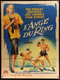 4y768 LEATHER SAINT French 1p '56 different Soubie art of boxing priest John Derek & Lawrance!