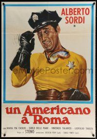 4y139 UN AMERICANO A ROMA Italian 1p '54 artwork of Alberto Sordi in wacky police uniform!